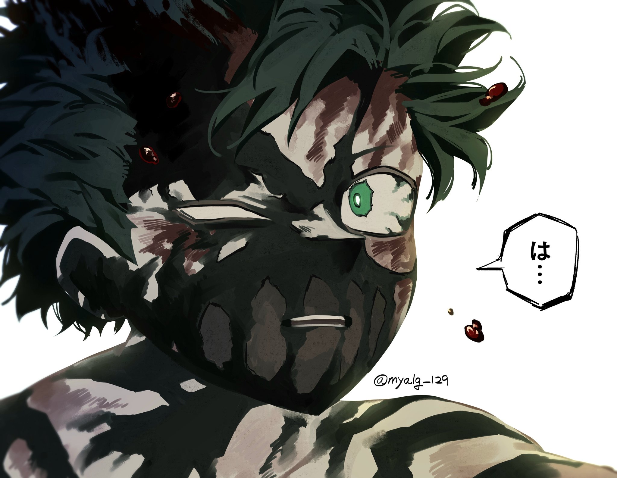 midoriya izuku, boku no hero academia, hashtag-only commentary, highres, 1boy, black mask, blood, blood on face, bloody tears, body markings, green eyes, green hair, half-closed eye, looking at viewer, male focus, mask, mouth mask, myalg 129, parted lips, short hair, solo, twitter username, upper body, white background