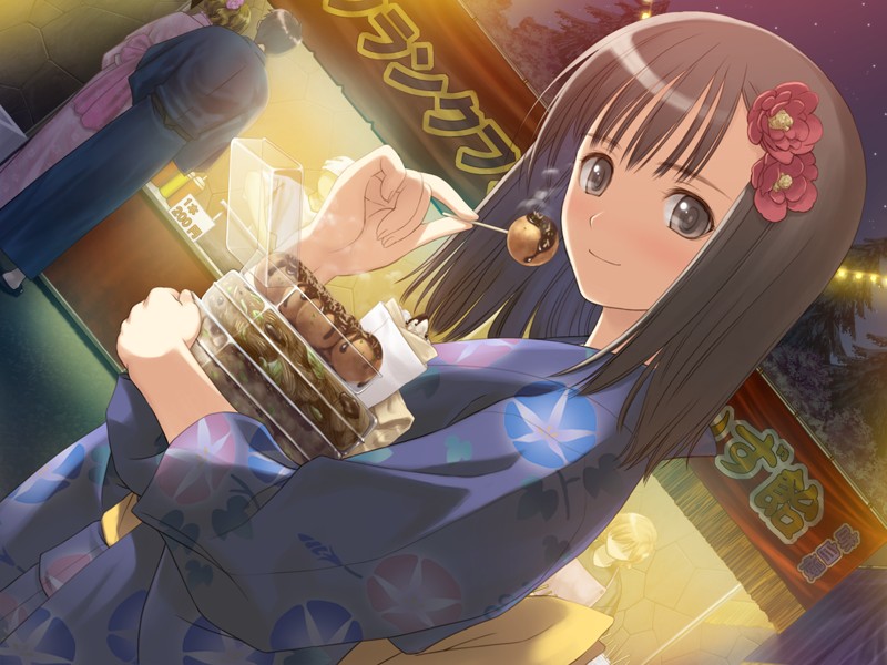 tony taka, saeki ai, fault!!, game cg, 00s, 1girl, black eyes, black hair, blue kimono, brown eyes, brown hair, dutch angle, female focus, festival, floral print, flower, food, hair flower, hair ornament, japanese clothes, kimono, night, short hair, smile, solo, takoyaki, yakisoba, yukata