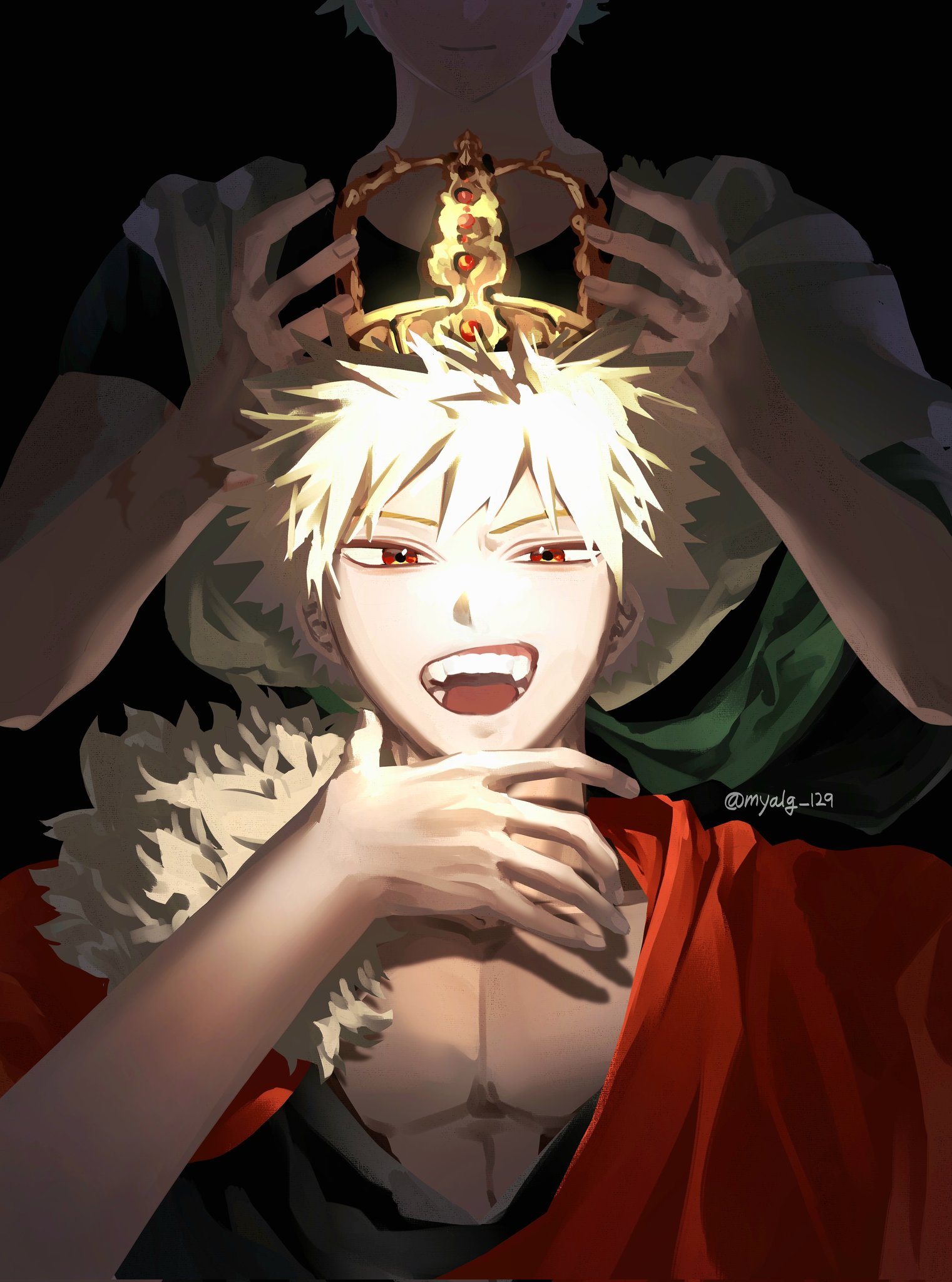bakugou katsuki, midoriya izuku, boku no hero academia, hashtag-only commentary, highres, 2boys, black background, blonde hair, crown, freckles, fur trim, green hair, green tunic, holding, holding crown, male focus, multiple boys, myalg 129, open mouth, pectorals, red eyes, red tunic, short hair, smile, spiked hair, tunic, twintails, upper body