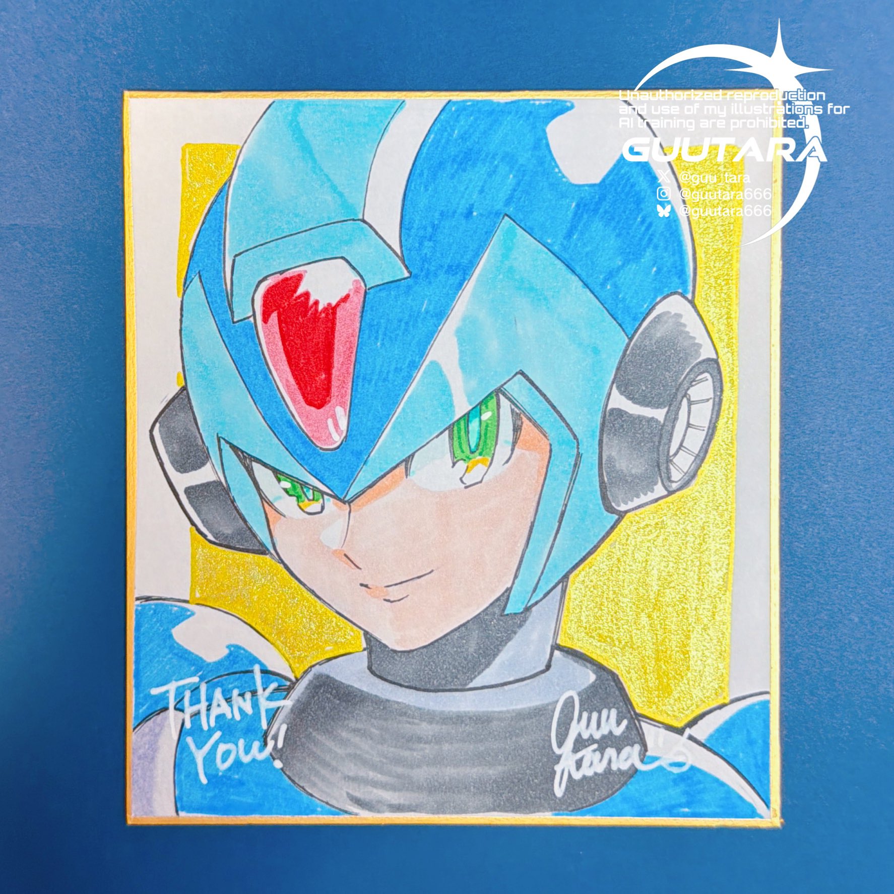 guutara, x (mega man), mega man (series), mega man x (series), commentary request, highres, traditional media, 1boy, blue helmet, close-up, closed mouth, forehead jewel, gold border, green eyes, helmet, male focus, shikishi, smile, solo, thank you