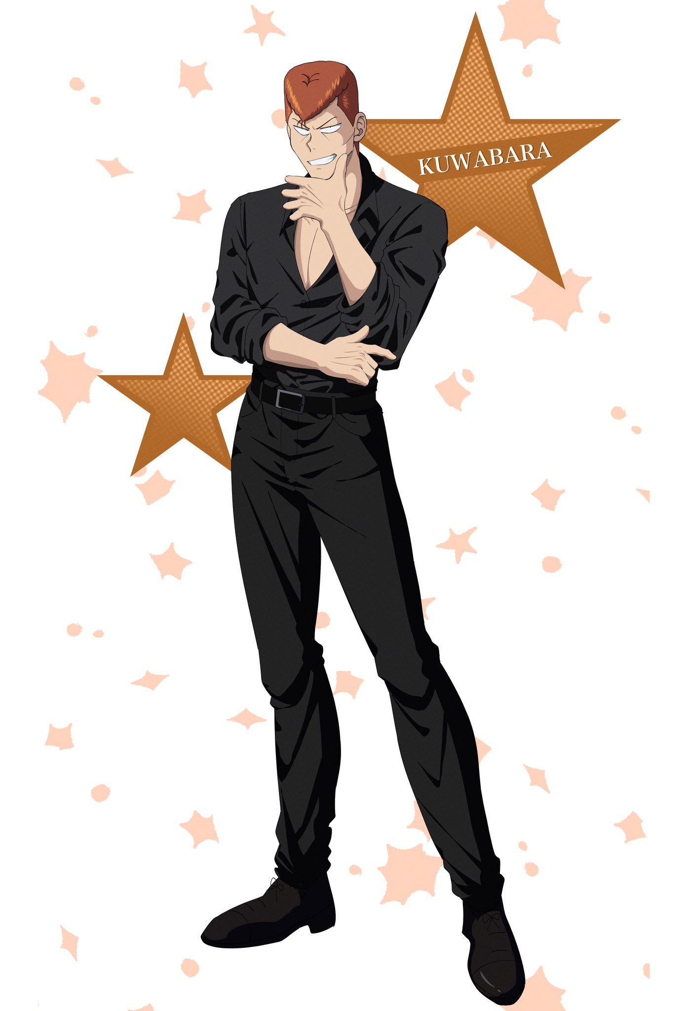 qinokonoko0513, kuwabara kazuma, yuu yuu hakusho, highres, 1boy, black shirt, character name, collared shirt, full body, hand on own chin, long sleeves, male focus, orange hair, pants, pompadour, shirt, short hair, solo, standing, star (symbol), white background