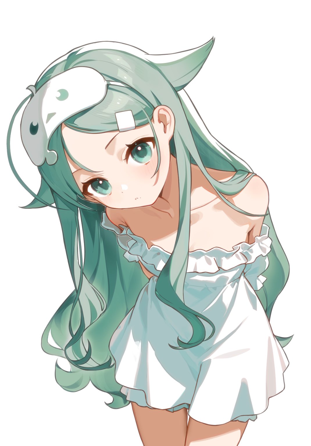 miebao, character request, commentary, copyright request, highres, symbol-only commentary, 1girl, bare shoulders, breasts, collarbone, dress, green eyes, green hair, hair ornament, hairclip, light blush, long hair, looking at viewer, small breasts, solo, white background, white dress