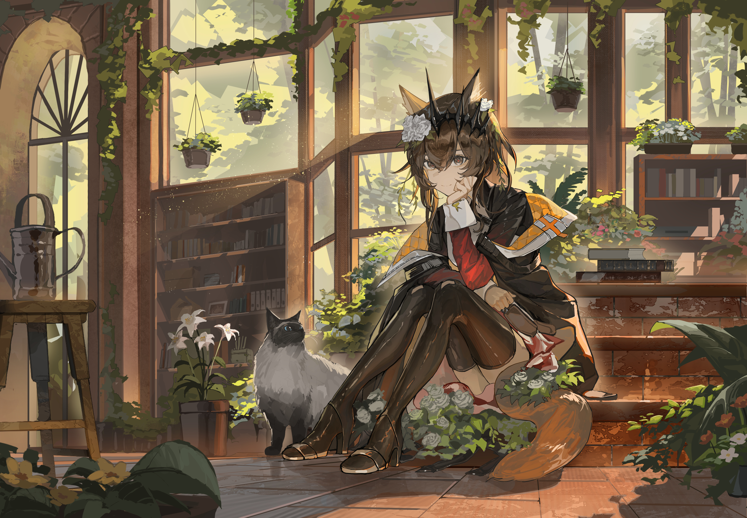 kasumi yuzuha, vendela (arknights), arknights, commentary request, highres, 1girl, animal ears, arched window, black cape, black eyes, black pantyhose, book, book stack, bookshelf, brick stairs, brown hair, cape, cat, cat ears, cat girl, cat tail, chair, closed mouth, crown, dress, flower, flower on head, flower pot, full body, hair between eyes, hand on own face, hand up, high heels, indoors, library, long sleeves, looking ahead, medium hair, off shoulder, pantyhose, quilted cape, rose, sitting, sleeve cuffs, sleeves past wrists, smile, solo, tail, thighhighs, tile floor, tiles, watering can, white dress, white flower, white rose, window, wooden chair, zettai ryouiki