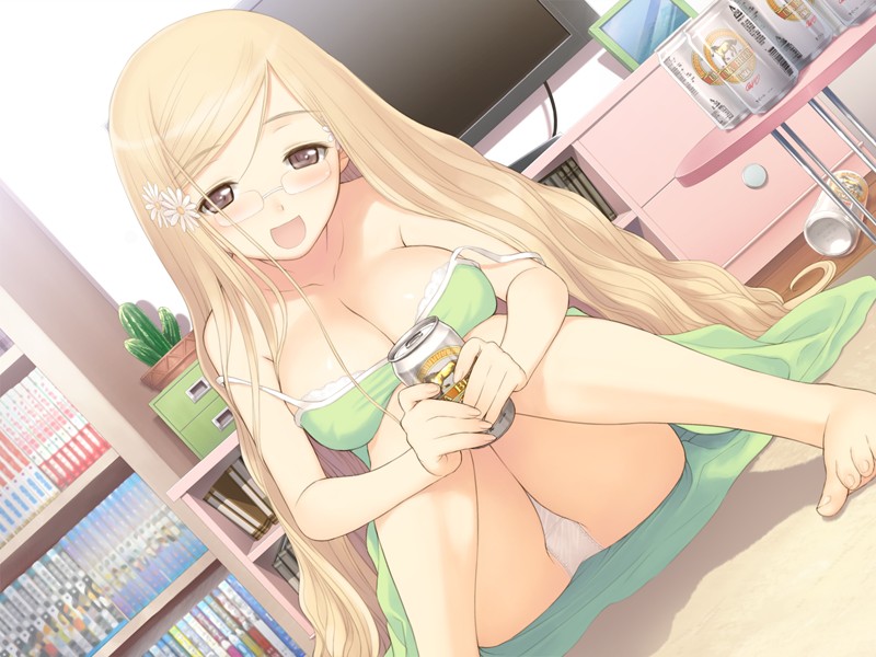 tony taka, hayama rika, fault!!, game cg, 00s, 1girl, alcohol, bad anatomy, bad feet, barefoot, beer, black eyes, blonde hair, blush, bookshelf, bra strap, breasts, cactus, can, cleavage, dress, drunk, dutch angle, feet, female focus, flower, glasses, grey eyes, hair flower, hair ornament, indoors, large breasts, long hair, open mouth, panties, pantyshot, plant, poorly drawn, potted plant, sitting, solo, strap slip, television, underwear, very long hair, white panties