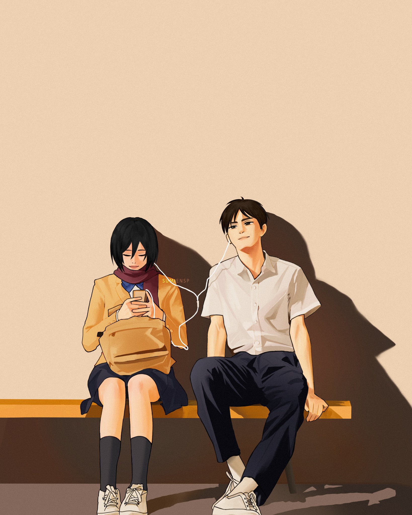 sumiensp, eren yeager, mikasa ackerman, shingeki no kyojin, highres, 1boy, 1girl, bench, black hair, black pants, black skirt, black socks, closed eyes, collared shirt, contemporary, earphones, full body, hair between eyes, jacket, light smile, pants, red scarf, scarf, shared earphones, shirt, shoes, short hair, short sleeves, sitting, skirt, sneakers, socks, white shirt, white shoes, yellow bag, yellow jacket