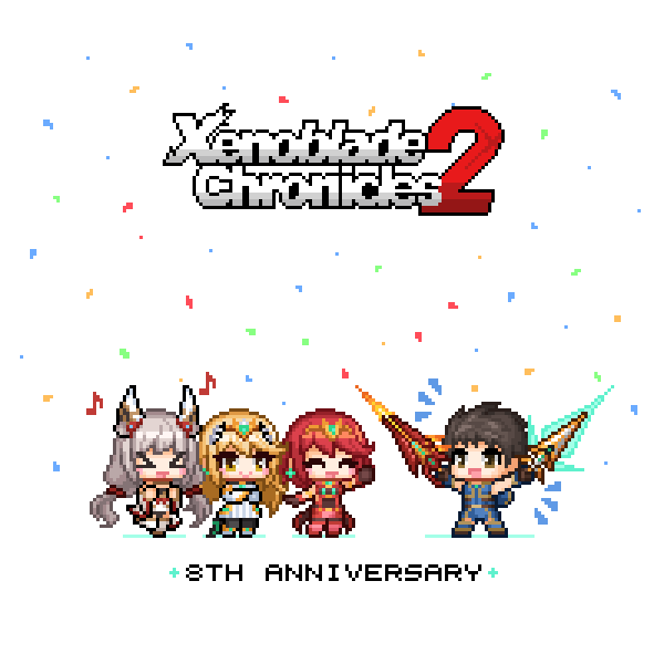 redforge, mythra (xenoblade), nia (xenoblade), pyra (xenoblade), rex (xenoblade), xenoblade chronicles (series), xenoblade chronicles 2, commentary, english commentary, 1boy, 3girls, animal ears, anniversary, blonde hair, cat ears, cat girl, chibi, copyright name, dress, dual wielding, english text, fire, grey hair, group picture, holding, holding sword, holding weapon, long hair, multiple girls, musical note, pixel art, red hair, short hair, simple background, sword, weapon, white background, white dress, yellow eyes