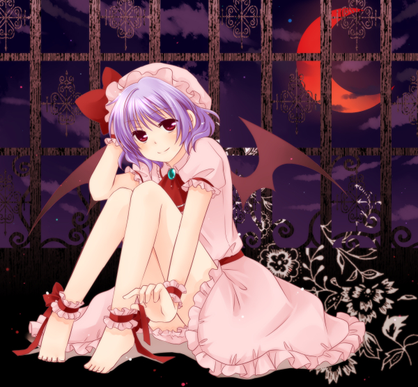 love-moon, nanaji yuuki, remilia scarlet, touhou, light purple hair, bad id, bad pixiv id, 1girl, ankle cuffs, ankle garter, anklet, barefoot, bat wings, blush, crescent moon, dress, feet, female focus, flower, hat, jewelry, moon, night, night sky, purple hair, red eyes, red moon, short hair, sitting, sky, smile, solo, wings, wrist cuffs