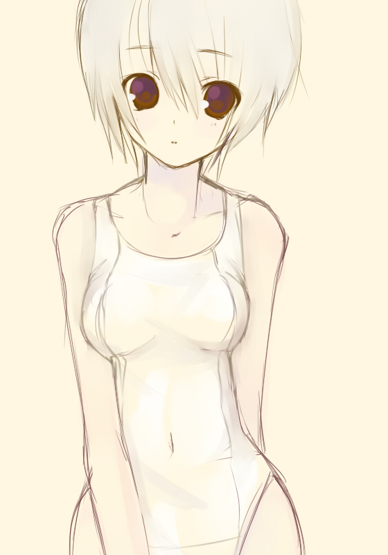 saibashi, original, bare shoulders, one-piece swimsuit, red eyes, school swimsuit, short hair, simple background, sketch, solo, swimsuit, white hair