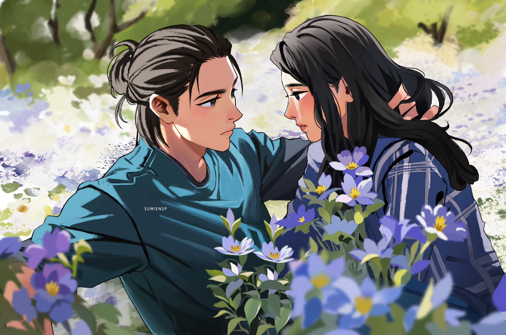 sumiensp, eren yeager, mikasa ackerman, shingeki no kyojin, commentary, english commentary, highres, 1boy, 1girl, artist name, black hair, blue flower, blue shirt, closed mouth, couple, field, flower, flower field, forget-me-not (flower), hair bun, hand in another's hair, hetero, long hair, looking at another, meadow, medium hair, outdoors, parted lips, plaid clothes, plaid shirt, shirt, tree, updo, upper body