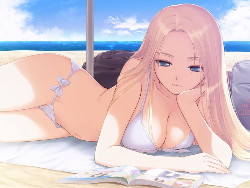 tony taka, date wingfield reiko, fault!!, game cg, 00s, 1girl, bag, beach, bikini, blonde hair, blue eyes, book, breast press, breasts, cleavage, cloud, day, female focus, front-tie top, head rest, large breasts, long hair, lying, magazine (object), on side, open book, outdoors, reading, side-tie bikini bottom, sky, smile, solo, swimsuit, water