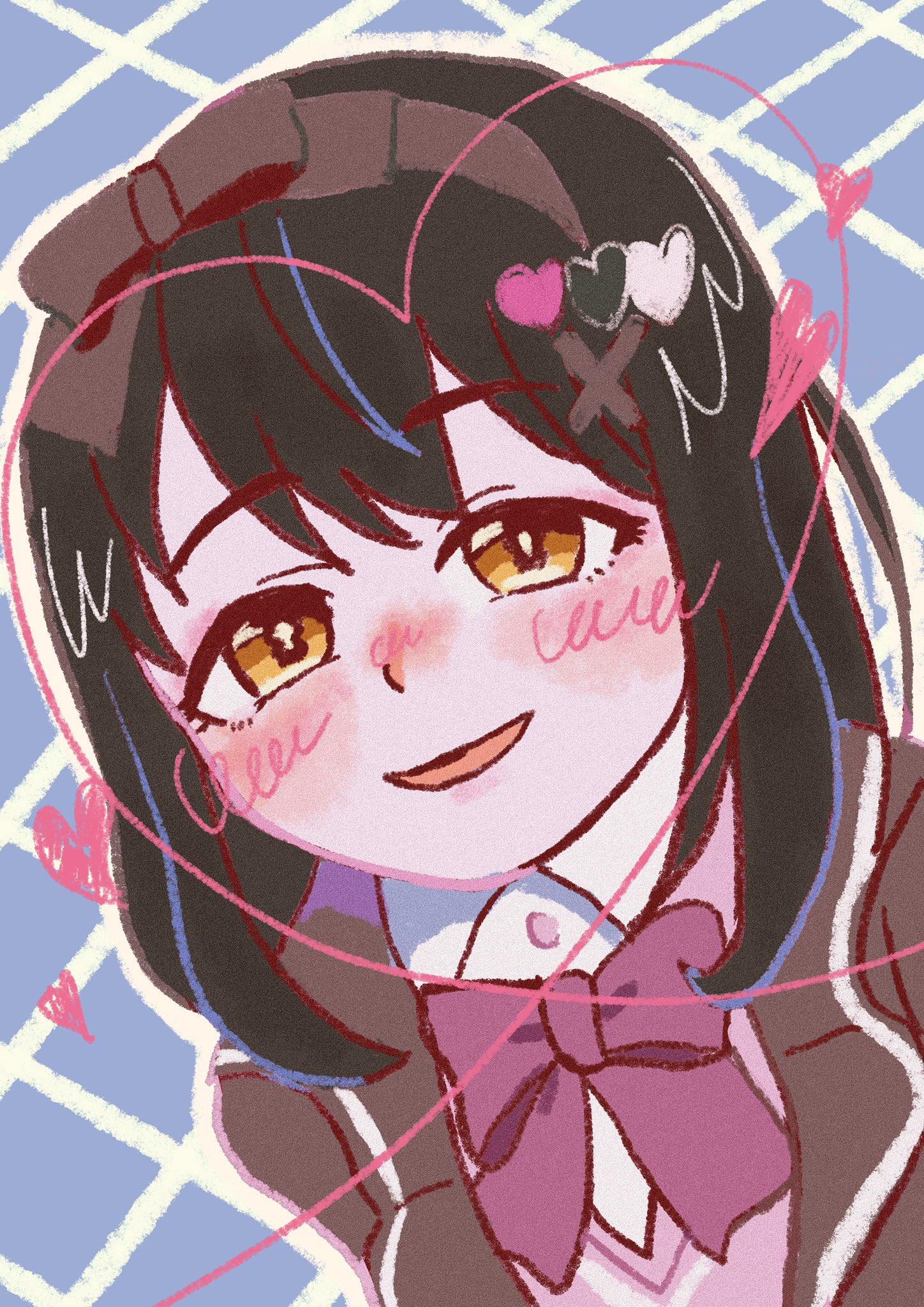 saeki haruko (idoly pride), idoly pride, character request, check character, highres, blazer, blue background, blush, bow, bow hairband, bowtie, brown hair, brown hairband, brown jacket, collared shirt, hairband, heart, jacket, konparu (konparunemunemu), looking at viewer, medium hair, open mouth, orange eyes, pink sweater vest, portrait, red bow, red bowtie, shirt, smile, sweater vest, white shirt