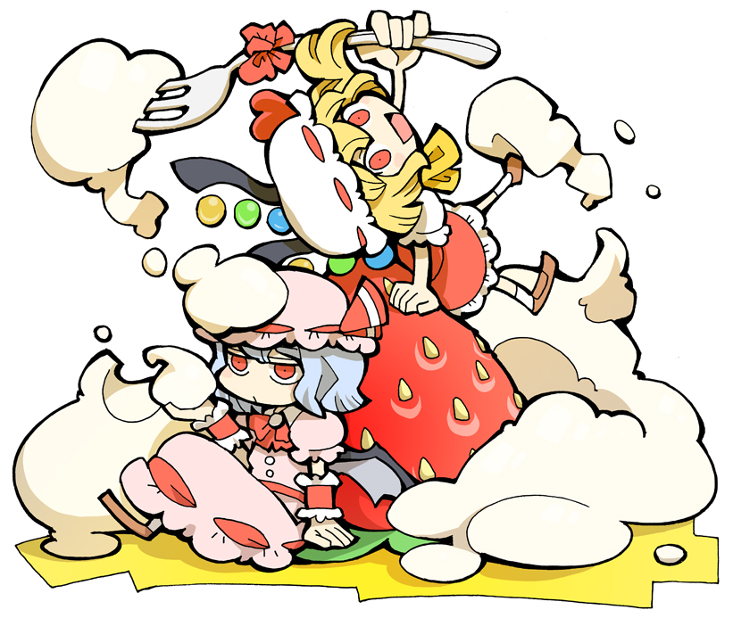 hounori, flandre scarlet, remilia scarlet, touhou, 2girls, female focus, food, fork, fruit, multiple girls, siblings, sisters, strawberry