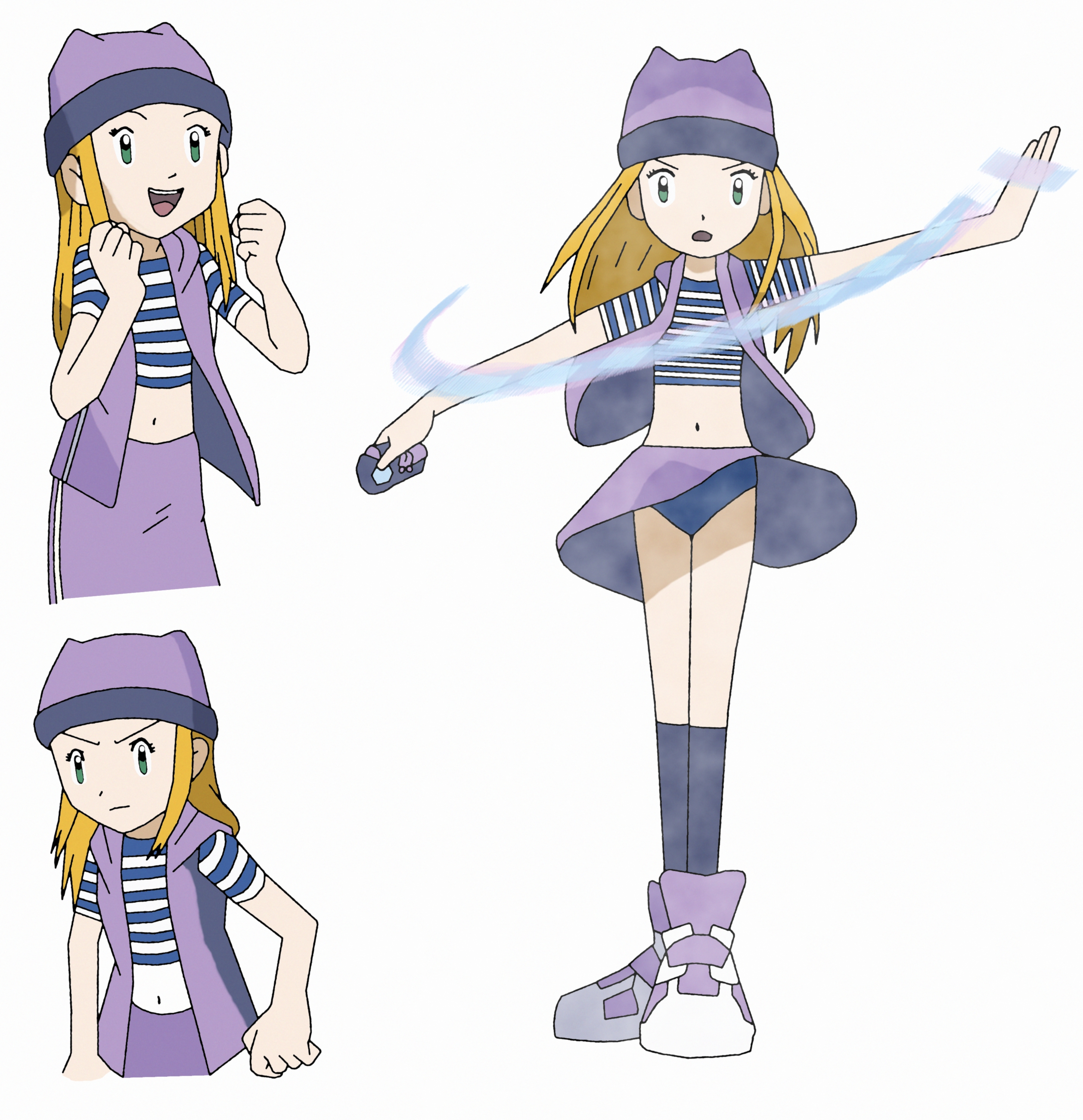 amayzing2002, orimoto izumi, digimon, digimon frontier, absurdres, commentary, english commentary, highres, 1girl, blonde hair, blue eyes, digivice, green eyes, hat, long hair, looking at viewer, midriff, navel, open mouth, purple hat, shirt, skirt, smile, solo, striped clothes, striped shirt