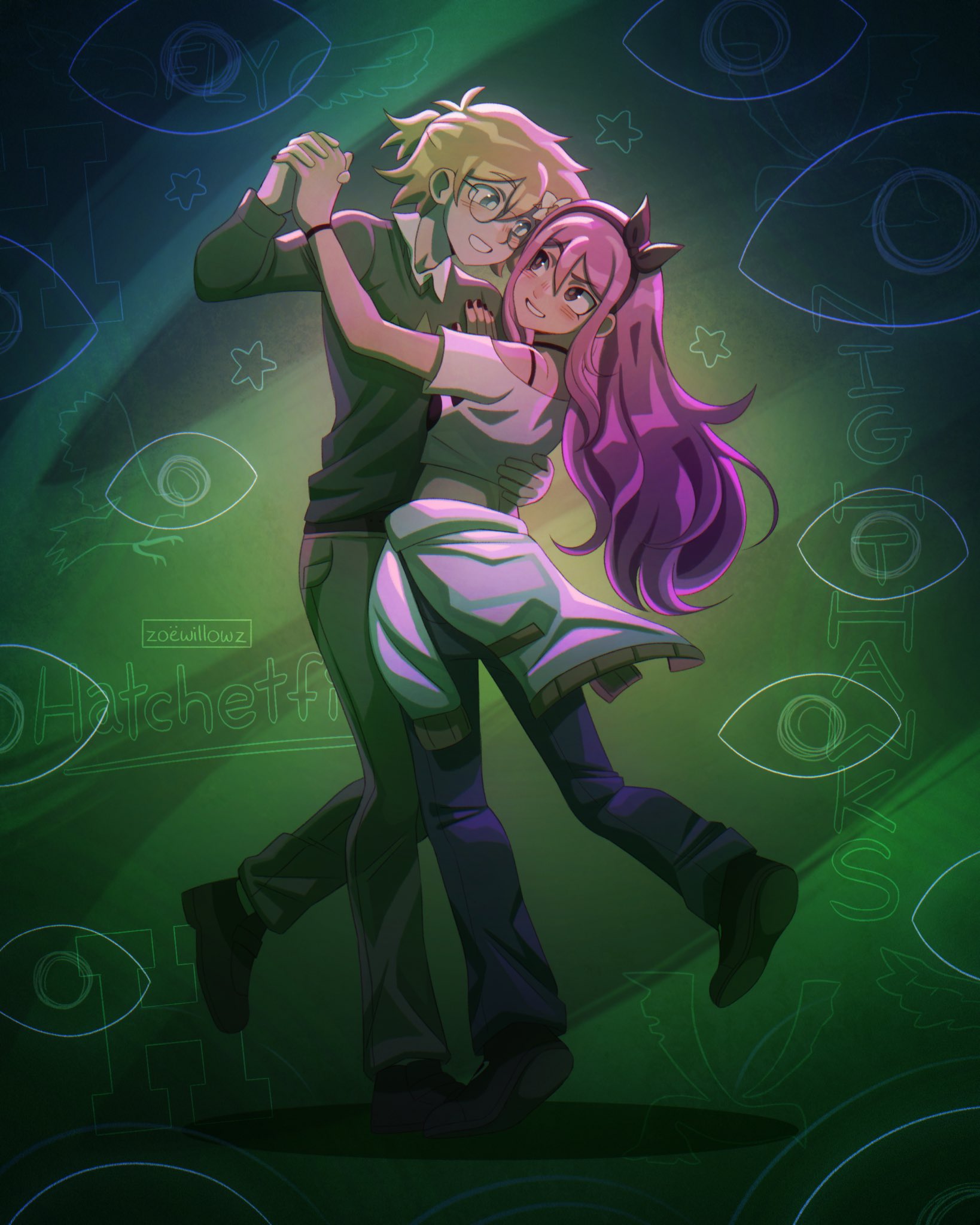 aubrey (faraway) (omori), aubrey (omori), basil (faraway) (omori), basil (omori), omori, commentary, english commentary, highres, 1boy, 1girl, alternate costume, alternate hairstyle, alternate universe, artist name, bespectacled, black choker, black eyes, black hairband, black shoes, blonde hair, blue eyes, blue pants, blush, bra strap, choker, clothes around waist, collared shirt, crop top, dancing, denim, double-parted bangs, glasses, green sweater, grey pants, hair between eyes, hairband, hand on another's chest, interlocked fingers, jacket, jacket around waist, jeans, long hair, long sleeves, looking at another, open mouth, pants, pink hair, ponytail, round eyewear, shirt, shoes, short hair, short ponytail, sidelocks, smile, sweater, unworn jacket, white jacket, white shirt, zoewillowz