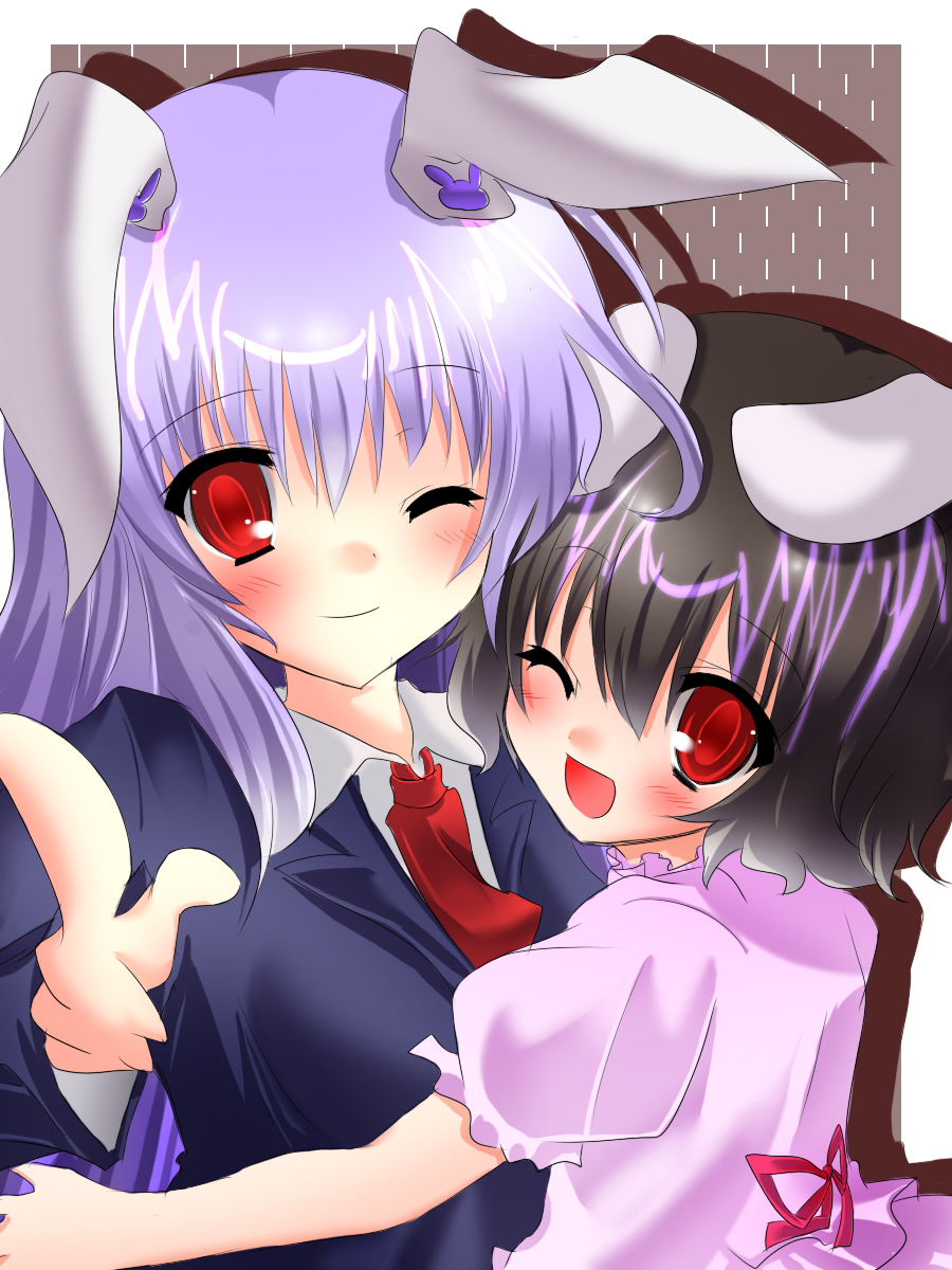nemokochi, tetsu tissue, inaba tewi, reisen udongein inaba, touhou, bad id, bad pixiv id, highres, 2girls, animal ears, black hair, blush, collar, dress, female focus, gown, hug, jacket, multiple girls, necktie, one eye closed, purple hair, rabbit ears, red eyes, wink