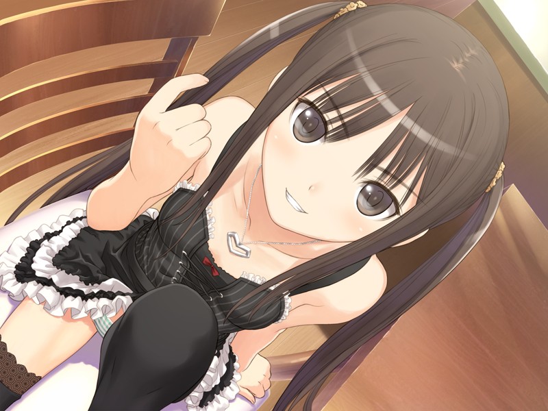 tony taka, sugiyama mio, fault!!, lace-trimmed legwear, game cg, 00s, 1girl, bare shoulders, beckoning, black thighhighs, brown eyes, brown hair, chair, collarbone, come hither, dress, dutch angle, female focus, flat chest, foreshortening, frilled dress, frills, from above, grin, jewelry, lace, lace trim, lolita fashion, long hair, looking at viewer, looking up, naughty face, panties, pantyshot, pendant, perspective, petite, sitting, smile, solo, striped clothes, striped panties, table, thighhighs, twintails, underwear