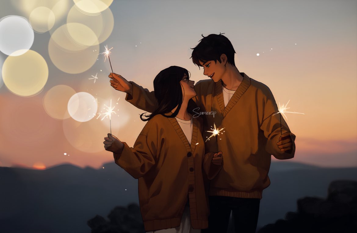 sumiensp, eren yeager, mikasa ackerman, shingeki no kyojin, commentary, symbol-only commentary, artist name, black hair, black pants, blurry, bokeh, breasts, brown cardigan, cardigan, cowboy shot, depth of field, facial scar, fireworks, hair between eyes, holding, holding fireworks, long hair, looking at another, medium breasts, open mouth, outdoors, pants, scar, scar on cheek, scar on face, shirt, short hair, smile, sparkler, sunset, white shirt