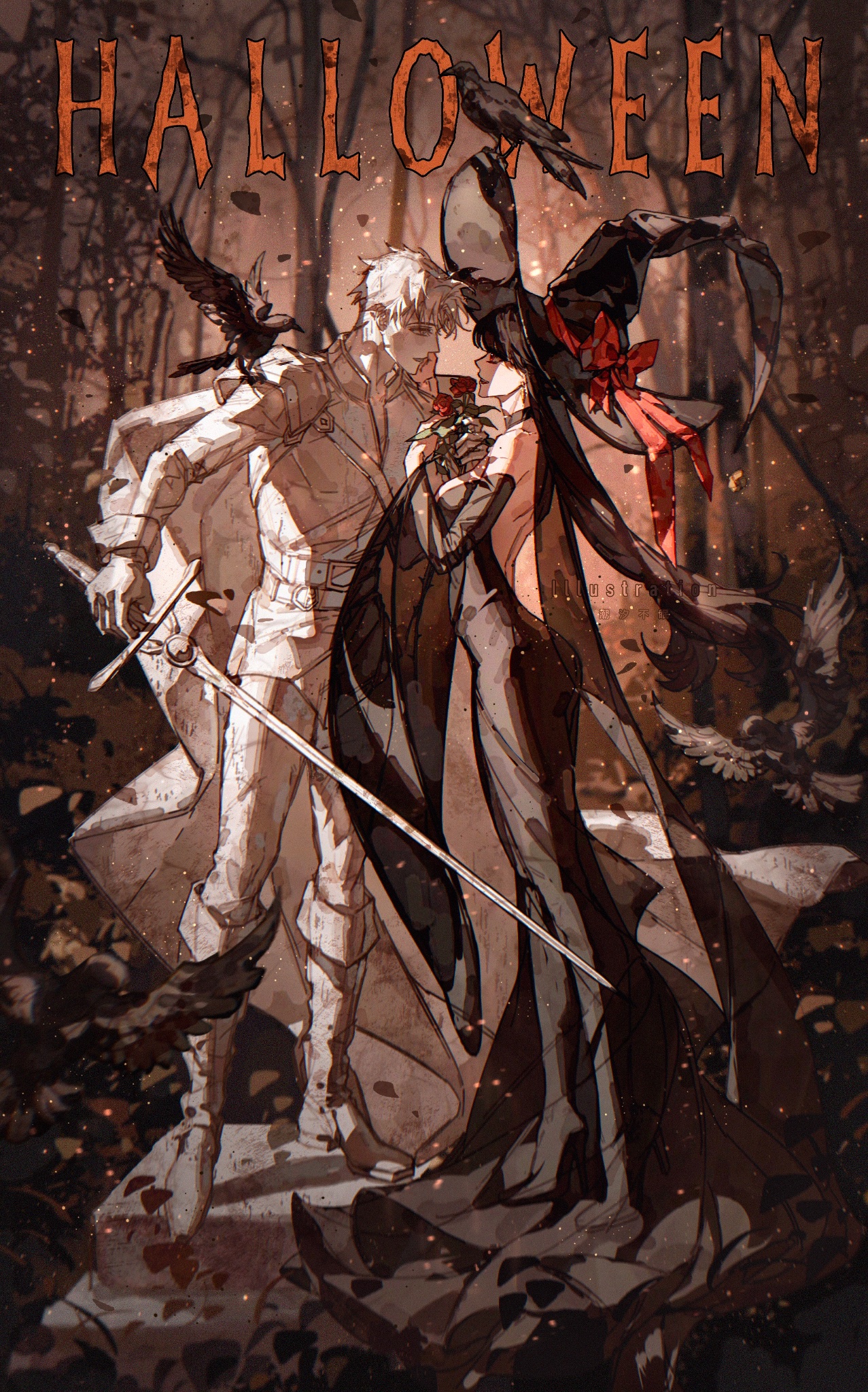 chaoxibumian, twilight (spy x family), yor briar, spy x family, commentary, english commentary, highres, 1boy, 1girl, animal, animal on head, animal on shoulder, armor, bare shoulders, bird, bird on head, bird on shoulder, black bird, black boots, black dress, black hat, boots, bow, breasts, cape, detached sleeves, dress, flower, forest, full body, halloween, halloween costume, hat, hat bow, holding, holding sword, holding weapon, long dress, long hair, medium breasts, nature, on head, parted bangs, red bow, red flower, short hair, shoulder armor, statue, sword, weapon, wide sleeves, witch, witch hat