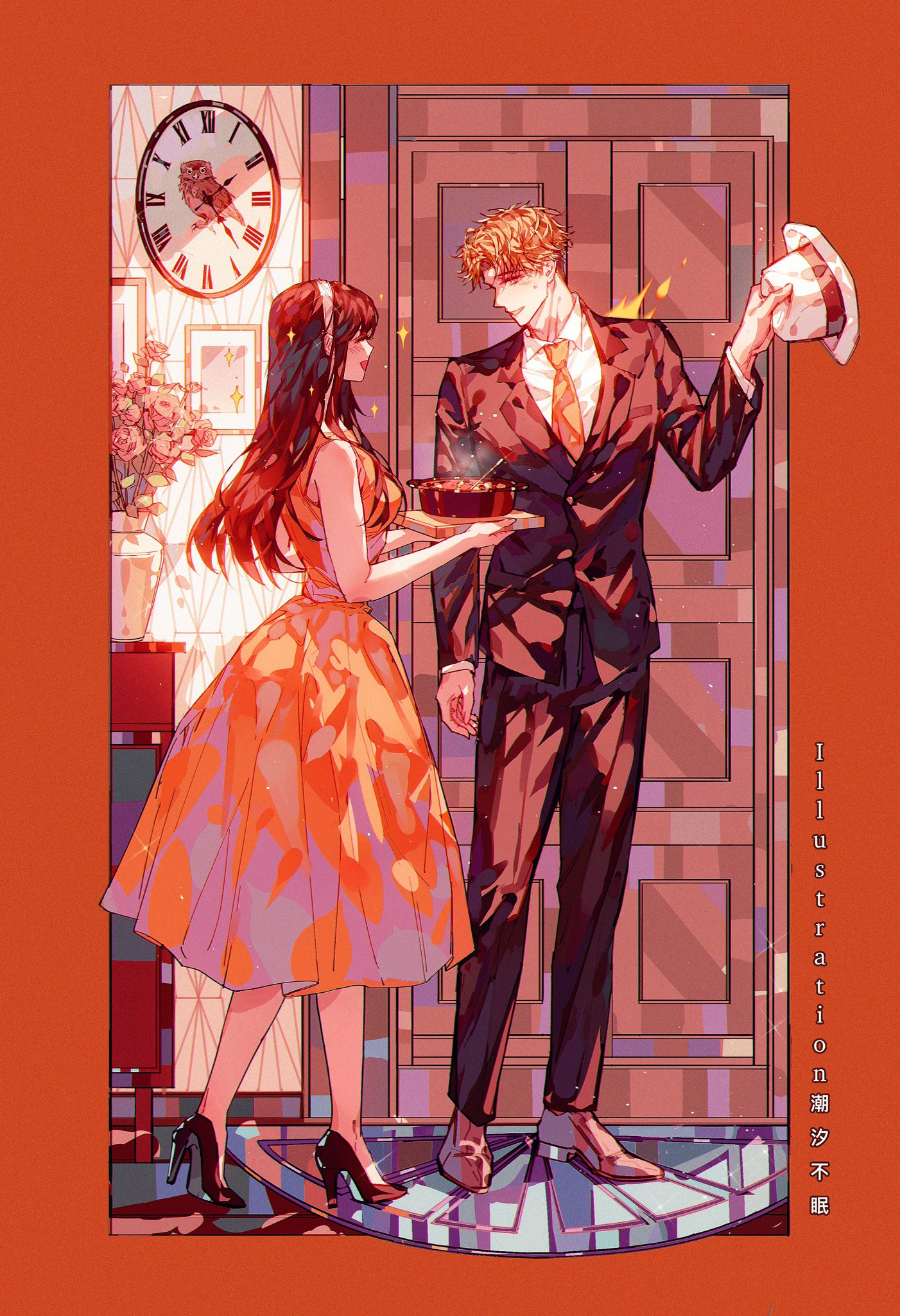 chaoxibumian, twilight (spy x family), yor briar, spy x family, commentary, highres, symbol-only commentary, 1boy, 1girl, black hair, black jacket, black pants, black shoes, black suit, blonde hair, border, breasts, brown shoes, clock, closed eyes, collared shirt, door, dress, fedora, flower, food, formal clothes, full body, hairband, hat, high heels, holding, holding food, holding unworn clothes, holding unworn hat, jacket, long hair, medium breasts, necktie, open mouth, orange border, orange dress, pants, parted bangs, pink flower, pumps, red necktie, shirt, shoes, short hair, sleeveless, sleeveless dress, smile, sparkle, suit, suit jacket, unworn hat, unworn headwear, vase, white hairband, white hat, white shirt