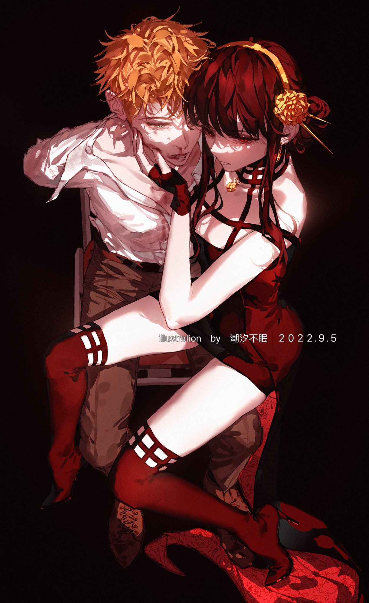 chaoxibumian, twilight (spy x family), yor briar, spy x family, commentary request, highres, 1boy, 1girl, arms behind back, bare shoulders, black background, black boots, black dress, black gloves, blonde hair, blood, blood from mouth, blue eyes, boots, breasts, brown pants, brown shoes, chair, cleavage, collared shirt, dated, dress, earrings, fingerless gloves, flower, gloves, gold earrings, gold hairband, hair between eyes, hair flower, hair ornament, hair stick, hairband, hand on another's cheek, hand on another's face, high-low dress, jewelry, large breasts, long hair, medium breasts, nosebleed, pants, parted lips, red eyes, restrained, shirt, shoes, short hair, sidelocks, sitting, sitting on lap, sitting on person, thigh boots, updo, white shirt