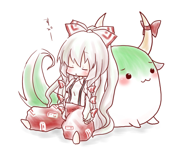 kuro (pixiv60110), kuromame (8gou), ex-keine, fujiwara no mokou, kamishirasawa keine, kamishirasawa keine (hakutaku), sukusuku hakutaku, touhou, bad id, bad pixiv id, 1girl, :3, blush, chibi, female focus, sleeping