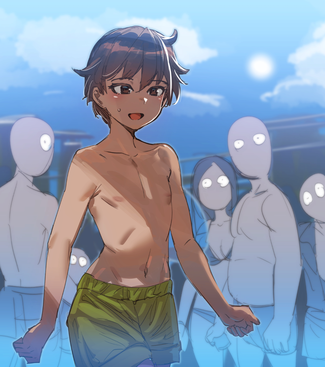 bow (bhp), original, highres, 1girl, brown eyes, brown hair, crossdressing, crossdressing (ftm), crowd, dark-skinned female, dark skin, flat chest, green male swimwear, green swim trunks, male swimwear, male swimwear challenge, navel, nipples, open mouth, outdoors, public indecency, public nudity, short hair, solo focus, swim trunks, tomboy, topless female, walking