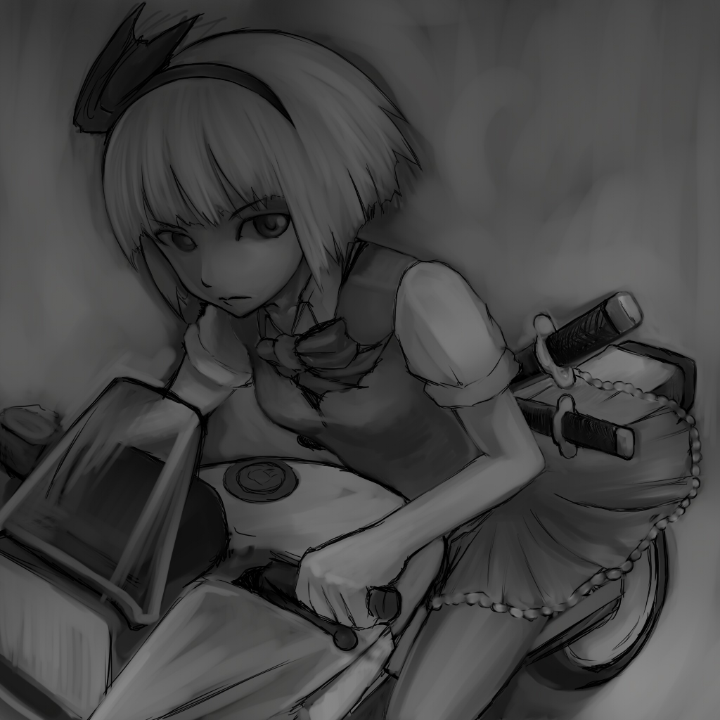 shokuzai, konpaku youmu, touhou, vehicle, 1girl, female focus, gradient background, greyscale, monochrome, motor vehicle, motorcycle, solo