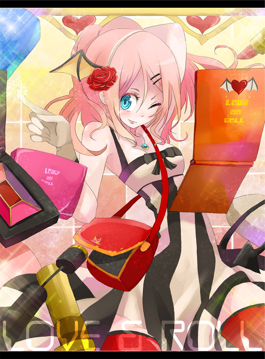 tansuke, takagi (tansuke), original, 1girl, blue eyes, dress, female focus, flower, heart, letterboxed, long hair, one eye closed, pink hair, solo, wink