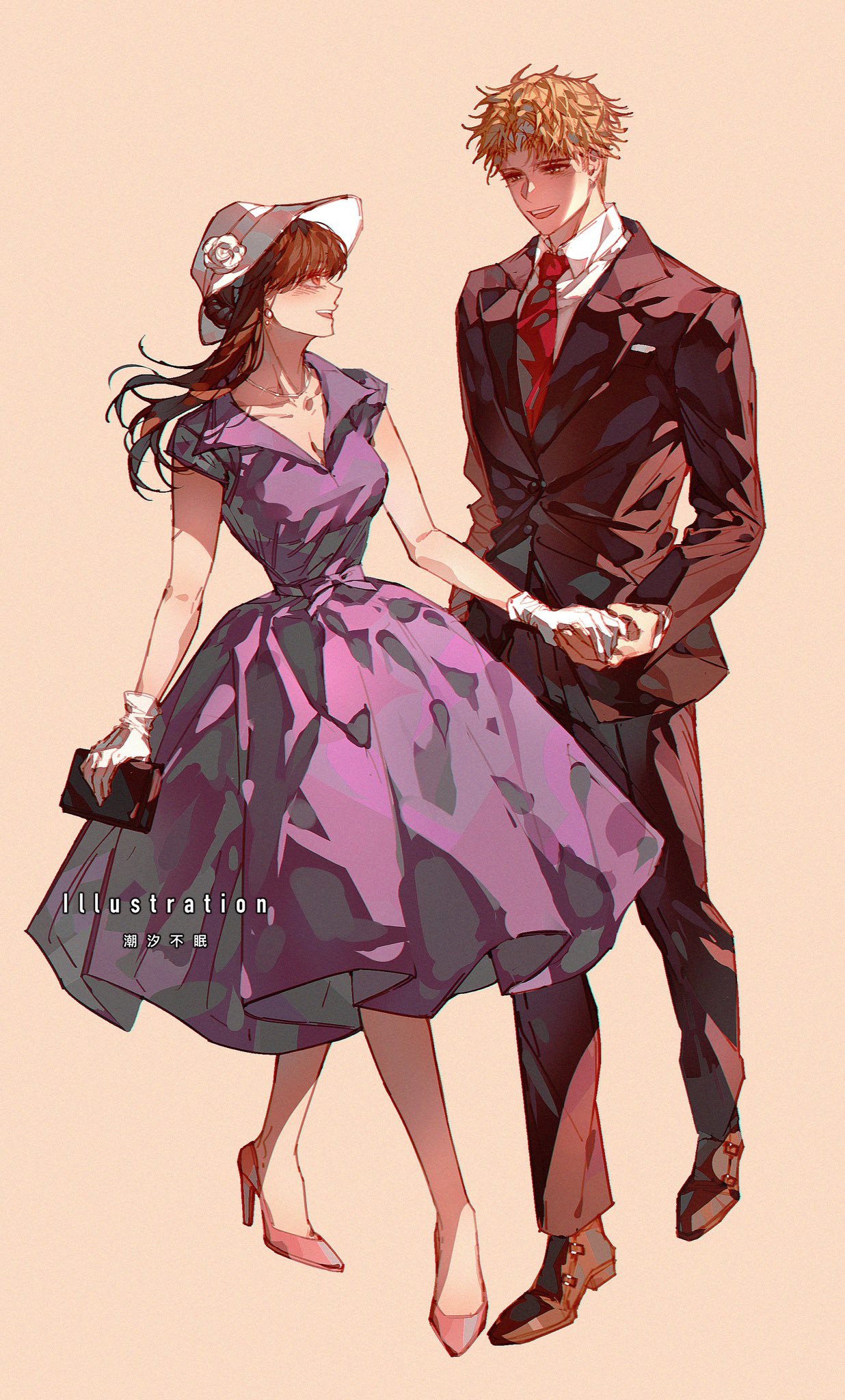 chaoxibumian, twilight (spy x family), yor briar, spy x family, commentary, highres, symbol-only commentary, 1boy, 1girl, bag, black hair, black jacket, black pants, black shoes, black suit, blonde hair, breasts, cleavage, collared dress, collared shirt, dress, earrings, flower, formal clothes, full body, gloves, grey background, hair bun, handbag, hat, hat flower, high heels, holding, holding bag, holding hands, jacket, jewelry, light blush, long hair, looking at another, medium breasts, necklace, necktie, open mouth, pants, parted bangs, pink shoes, pumps, purple dress, red eyes, red necktie, shirt, shoes, short hair, short sleeves, sidelocks, smile, suit, suit jacket, updo, white flower, white gloves, white hat, white shirt