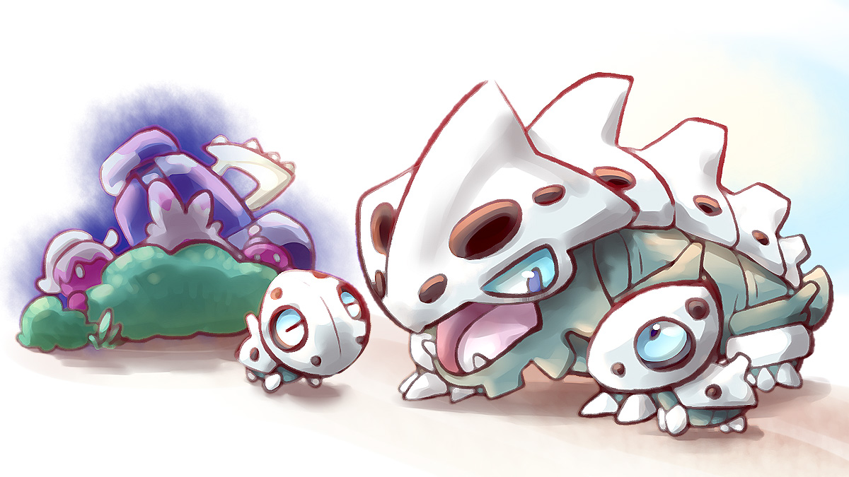 oden (madsword), aron, lairon, tinkatink, tinkaton, tinkatuff, nintendo, pokemon, commentary request, :o, aura, blue eyes, bush, closed eyes, dark aura, evolutionary line, gen 3 pokemon, pokemon (creature)