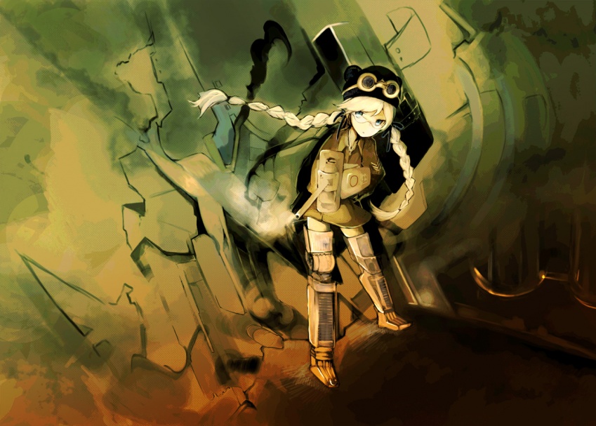 malka, uniform, vehicle, 1girl, blonde hair, blue eyes, braid, female focus, glasses, gun, hat, mecha musume, military, military vehicle, motor vehicle, solo, tank, twin braids, weapon, world war ii