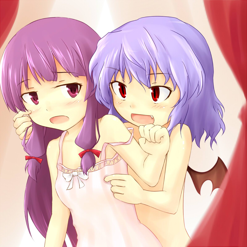 tsuyuki, tsuyuki (yukitgraph), patchouli knowledge, remilia scarlet, embodiment of scarlet devil, touhou, bad id, bad pixiv id, 2girls, chemise, fang, female focus, multiple girls, nude, purple eyes, purple hair, red eyes, strap slip, topless female, upper body, wings, yuri
