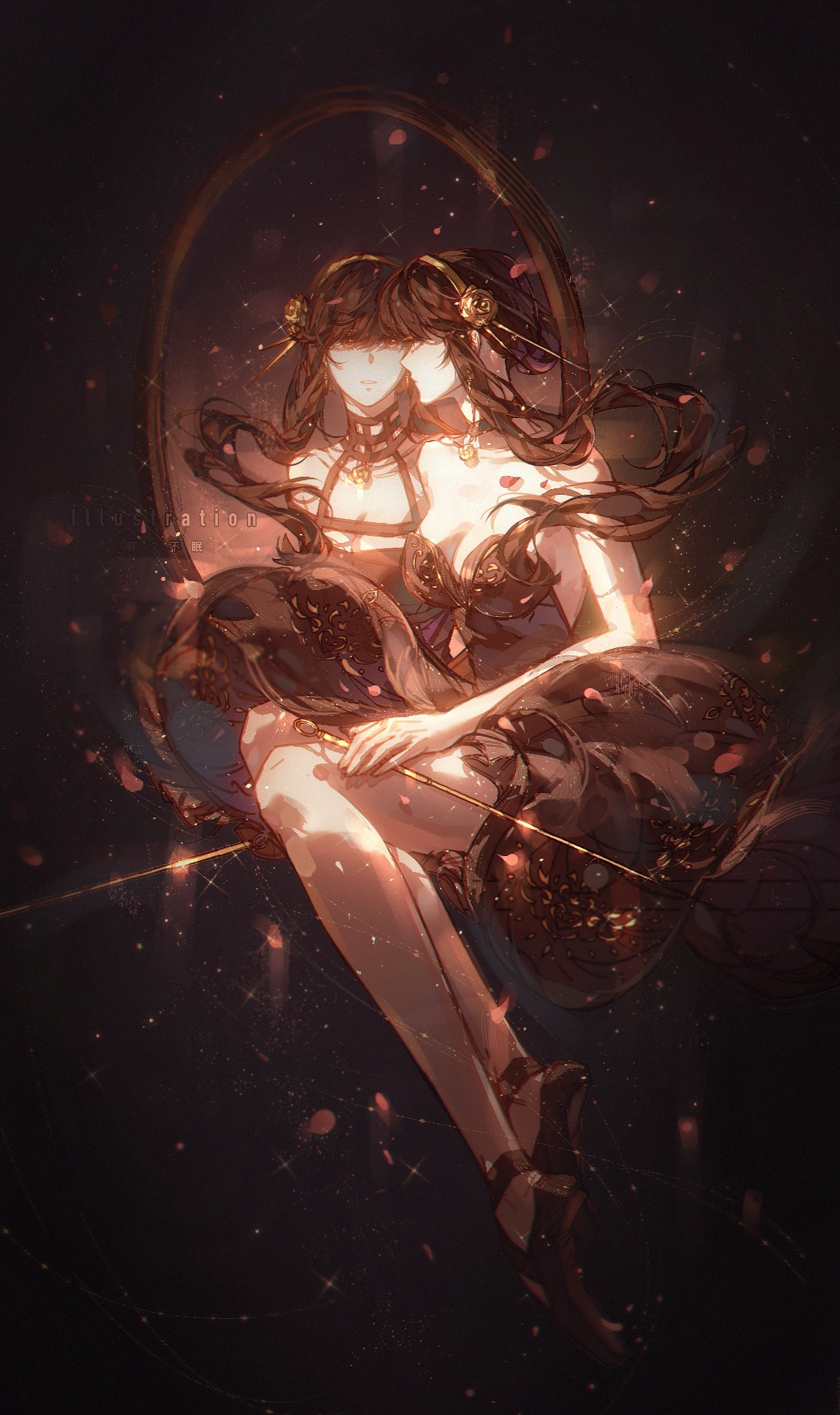 chaoxibumian, yor briar, spy x family, commentary, highres, 1girl, black choker, black dress, black hair, black shoes, breasts, choker, cleavage, dagger, dress, dual wielding, floating, floating hair, flower, full body, gold hairband, hair between eyes, hair bun, hair flower, hair ornament, hair stick, hairband, holding, holding weapon, knife, long hair, looking at mirror, medium breasts, mirror, pendant choker, red eyes, shoes, sidelocks, sitting, solo, stiletto (weapon), strapless, strapless dress, updo, weapon