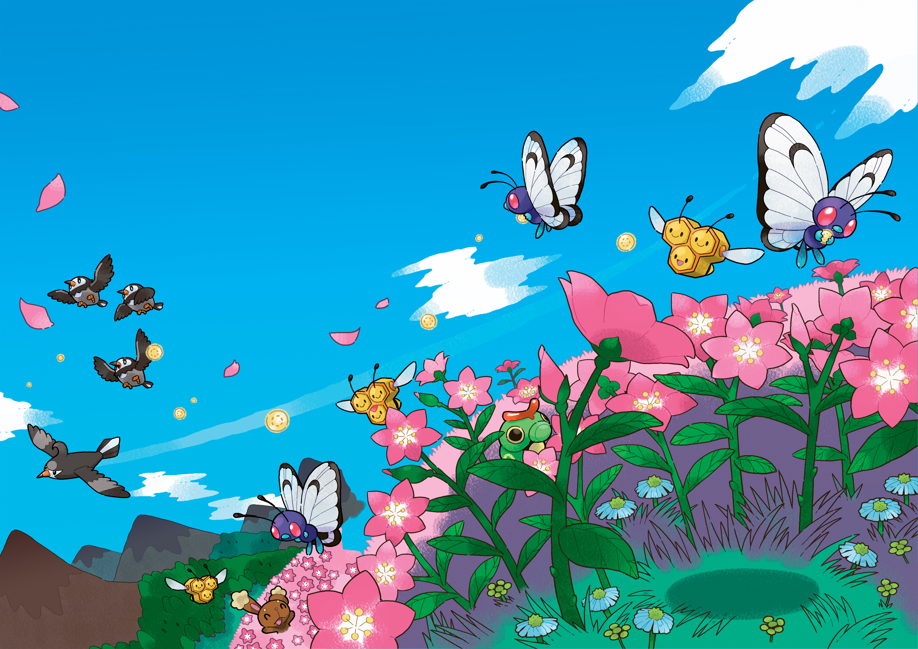 buneary, butterfree, caterpie, combee, shaymin, shaymin (sky), staravia, starly, nintendo, pokemon, pokemon dppt, pokemon platinum, absurdres, artist request, highres, official art, third-party source, bird, blue flower, blue sky, closed eyes, cloud, combee (female), combee (male), day, flower, flying, gen 1 pokemon, gen 4 pokemon, gracidea, green eyes, hedgehog, holding, legendary pokemon, looking up, mountain, mountainous horizon, mythical pokemon, outdoors, petals, pink flower, pokemon (creature), red eyes, sky, tree, yellow flower