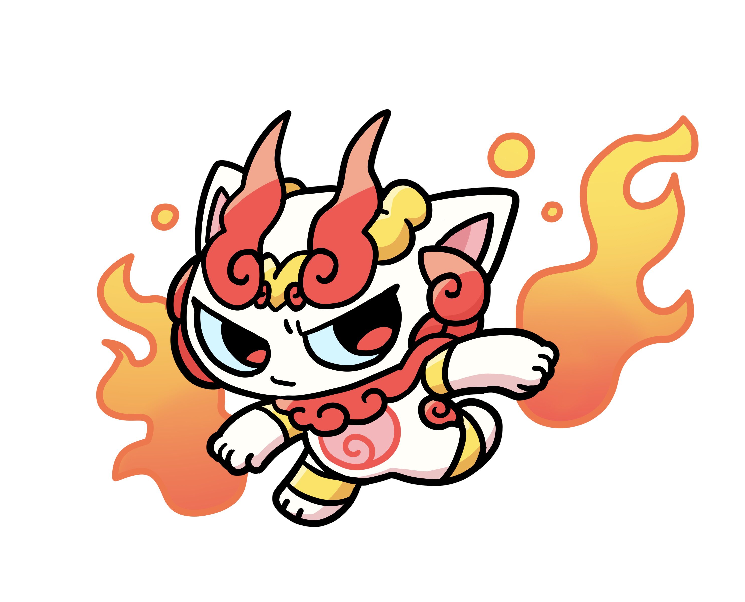 shurakoma, youkai watch, gold armlet, absurdres, commentary request, highres, anklet, armlet, chibi, fire, gold anklet, jewelry, no humans, simple background, solo, white background, white fur, youkai (youkai watch), youkai 700