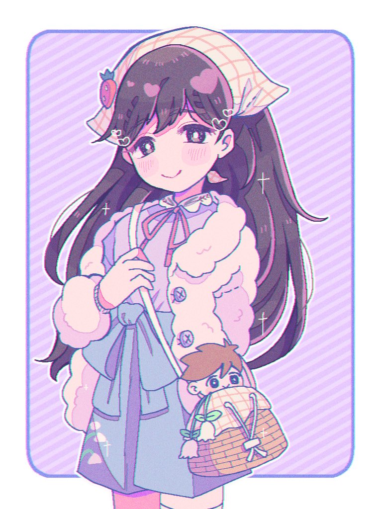 yo (wetpotatosunsun), mari (birthday) (omori), mari (faraway) (omori), mari (omori), omori, commentary, symbol-only commentary, 1girl, bag, black eyes, black hair, blush, bright pupils, closed mouth, double-parted bangs, hair between eyes, handbag, headscarf, heart, jacket, long hair, long sleeves, looking at viewer, open clothes, open jacket, smile, solo, thighhighs, white headscarf, white jacket, white pupils, white thighhighs