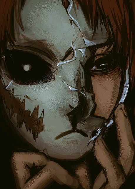 sabito (kimetsu), kimetsu no yaiba, commentary request, derivative work, 1boy, bags under eyes, black background, black eyes, bright pupils, broken mask, brown hair, cracked kawaii mask, cracked mask, cracked skin, facial scar, frown, gago n, hand on own face, male focus, mask, parted bangs, scar, scar on cheek, scar on face, solo, upper body, white pupils