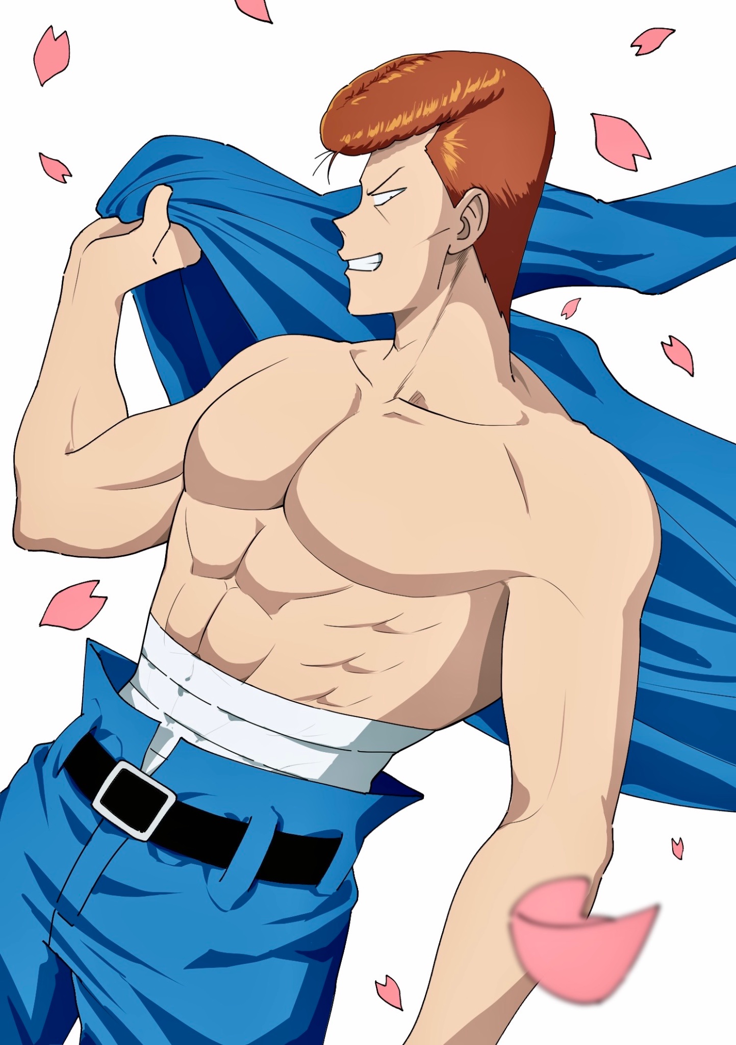 qinokonoko0513, kuwabara kazuma, yuu yuu hakusho, highres, 1boy, arm up, bandaged chest, falling petals, male focus, muscular, muscular male, orange hair, petals, pompadour, profile, short hair, solo, teeth, topless male, upper body, white background