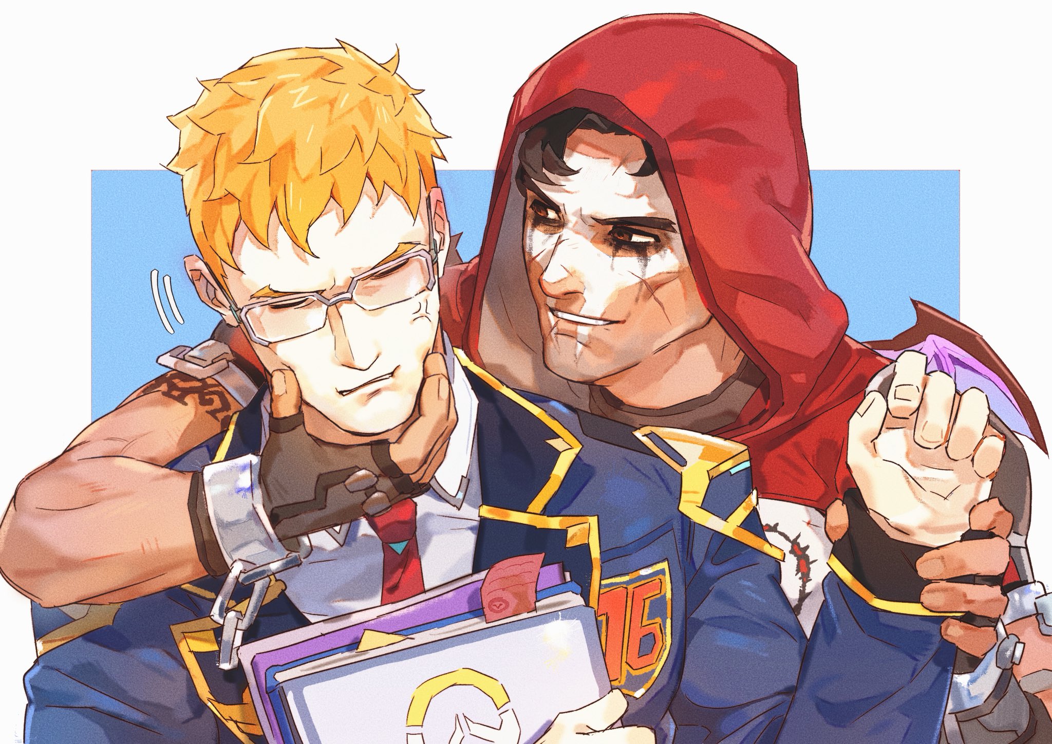 reaper (overwatch), soldier: 76 (overwatch), overwatch, highres, 2boys, anger vein, bespectacled, blonde hair, blue jacket, brown eyes, brown hair, calshuo2476, closed mouth, collared shirt, facepaint, glasses, gold trim, hand on another's chin, hand on another's wrist, hood, hood up, jacket, lapels, male focus, multiple boys, necktie, official alternate costume, rectangular eyewear, red necktie, shirt, short hair, sleeve cuffs, smile, upper body, white shirt, wing collar