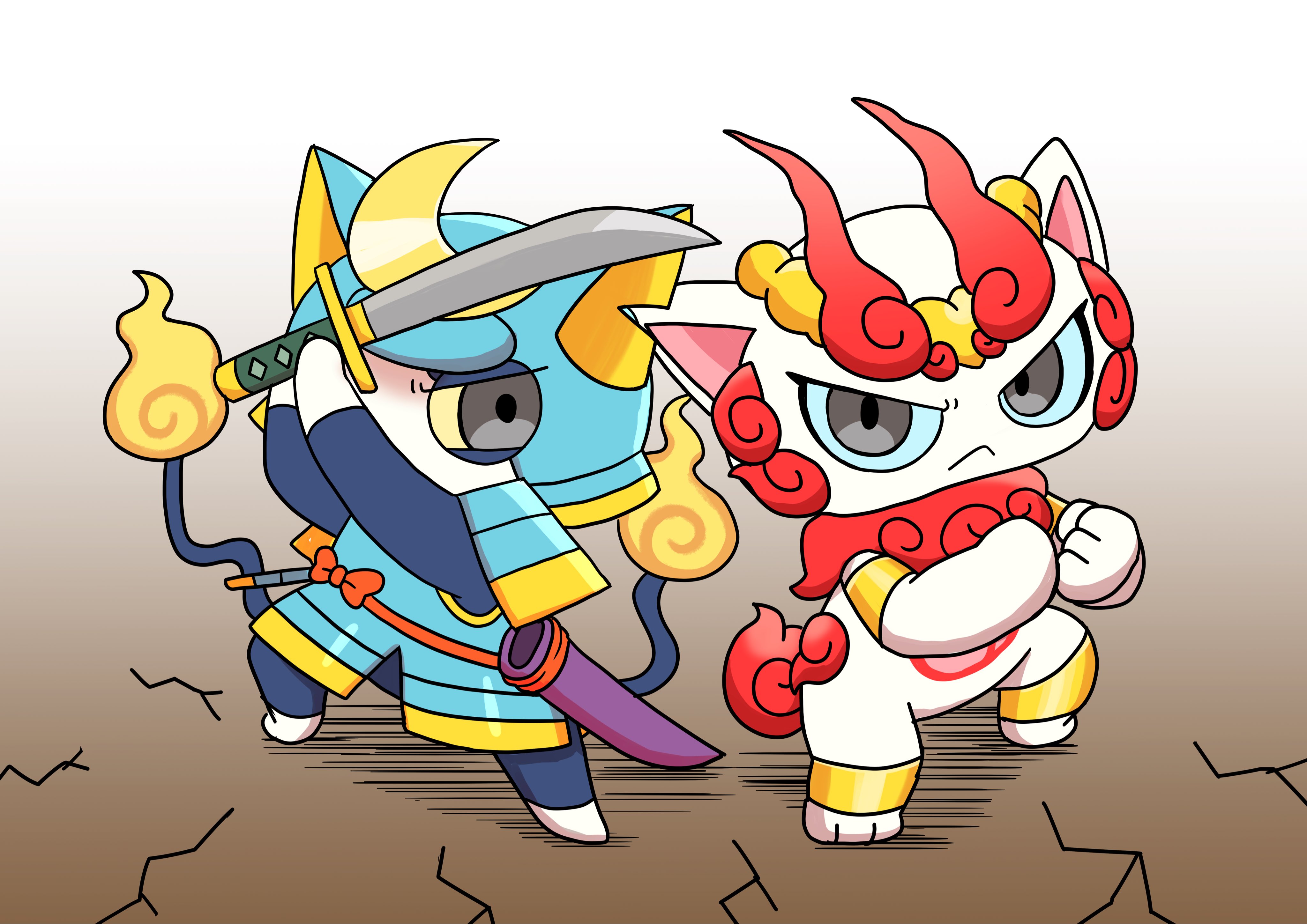 bushinyan, shurakoma, youkai watch, gold armlet, absurdres, commentary request, highres, anklet, armlet, armor, fire, flame-tipped tail, gold anklet, hitodama, holding, holding sword, holding weapon, japanese armor, jewelry, katana, looking at viewer, multiple tails, no humans, notched ear, sword, tail, two tails, weapon, white fur, yellow fire, youkai (youkai watch), youkai 700