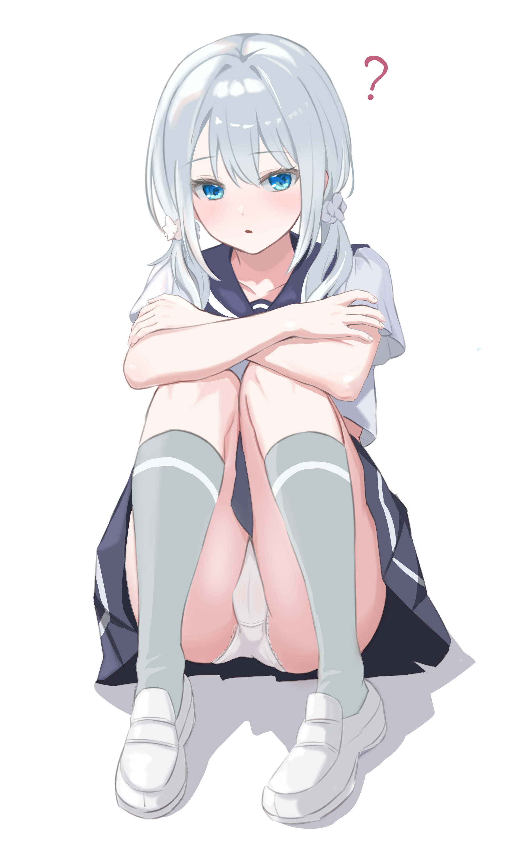 shiwakucha kintama, yoisaki kanade, project sekai, absurdres, commentary request, highres, 1girl, ?, black skirt, blue eyes, grey hair, grey socks, hugging own legs, knees up, loafers, looking at viewer, low twintails, panties, pantyshot, parted lips, school uniform, serafuku, shirt, shoes, simple background, sitting, skirt, socks, solo, twintails, underwear, white background, white panties, white shirt, white shoes