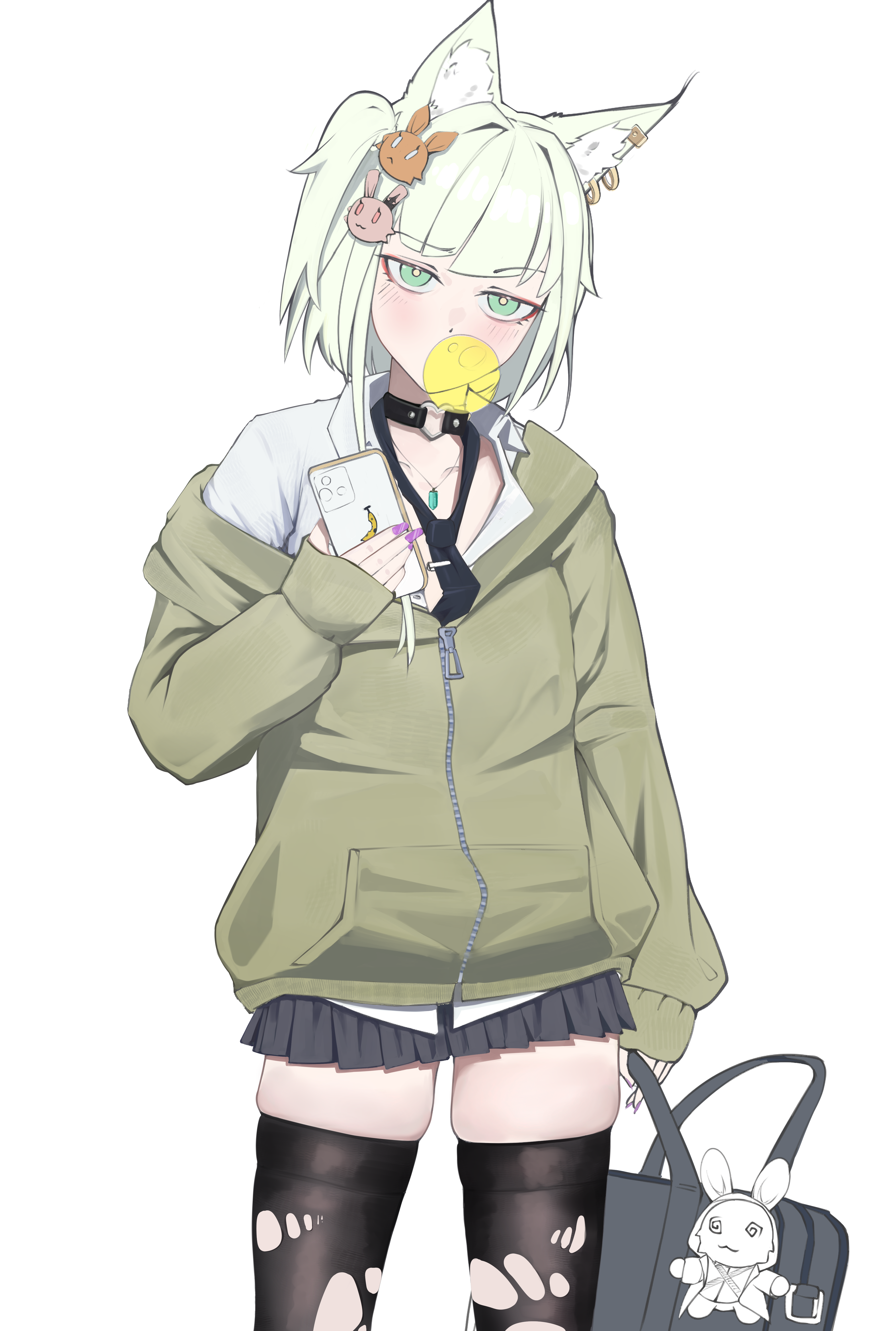 kal'tsit (arknights), arknights, absurdres, commentary, english commentary, highres, 1girl, alternate costume, animal ear fluff, animal ear piercing, animal ears, bag, banana print, banhmixiumai, black bag, black choker, black necktie, black skirt, black thighhighs, blowing bubble gum, cellphone, chewing gum, choker, collar, collarbone, collared shirt, cowboy shot, fingernails, food print, fruit print, green eyes, green hair, green jacket, hair ornament, hand up, head tilt, heart, heart o-ring, holding, holding bag, holding phone, jacket, jewelry, legs apart, long sleeves, looking at viewer, miniskirt, nail polish, necklace, necktie, o-ring, o-ring choker, one side up, phone, pleated skirt, purple nails, shirt, short hair, simple background, single off shoulder, skindentation, skirt, sleeve cuffs, sleeves past wrists, smartphone, solo, standing, thighhighs, torn clothes, torn thighhighs, white background, white shirt, zipper pull tab