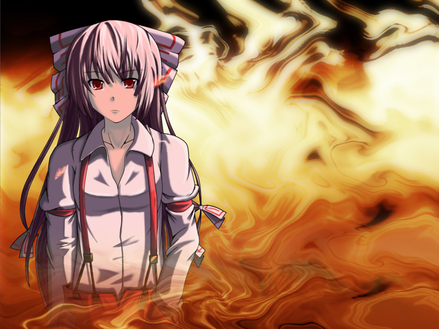 neri wasabi, nerii wasabi, fujiwara no mokou, touhou, bad id, bad pixiv id, 1girl, female focus, fire, frown, long hair, red eyes, ribbon, solo, suspenders, white hair
