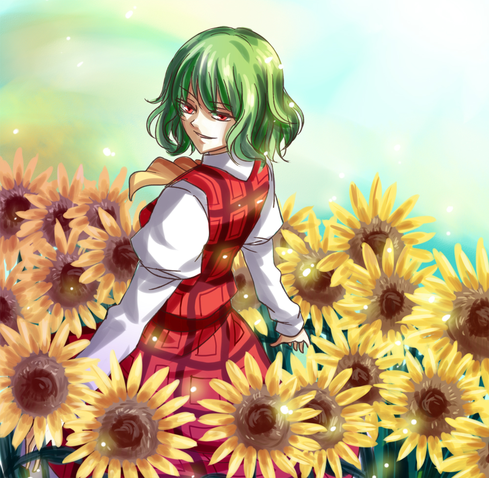 kacyu, kazami yuuka, touhou, bad id, bad pixiv id, 1girl, ascot, female focus, field, flower, flower field, green hair, looking back, nature, plaid clothes, plaid skirt, plaid vest, red eyes, short hair, skirt, skirt set, smile, solo, sunflower, sunflower field, vest