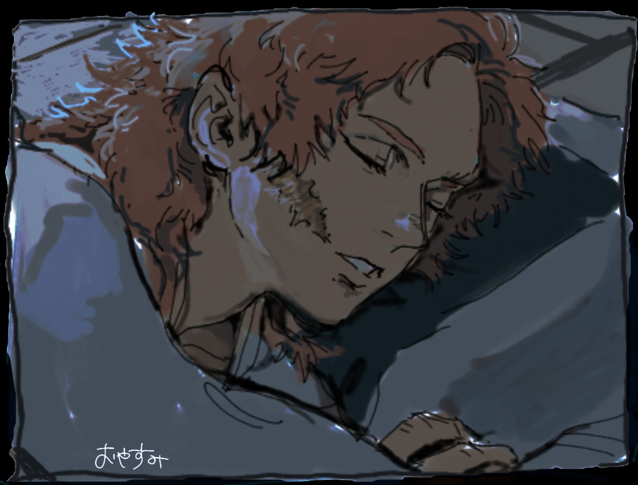 sabito (kimetsu), kimetsu no yaiba, commentary request, highres, 1boy, black border, border, brown hair, closed eyes, facial scar, gago n, grey shirt, long hair, male focus, mullet, parted bangs, parted lips, pillow, scar, scar on cheek, scar on face, shirt, sketch, sleeping, solo, under covers, upper body