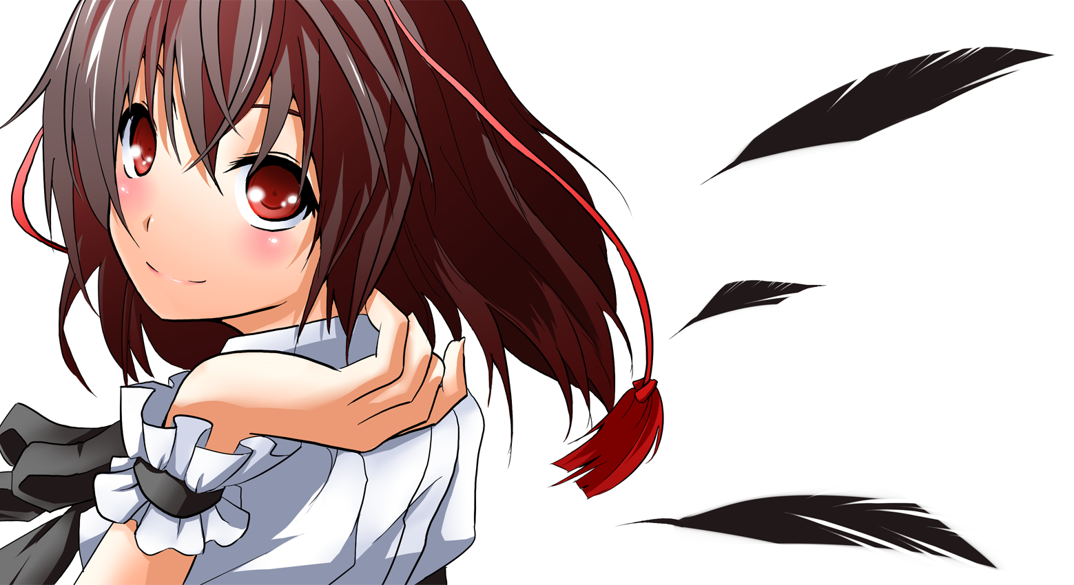 kinsenka, shameimaru aya, touhou, bad id, bad pixiv id, 1girl, blush, brown hair, feathers, female focus, red eyes, smile, solo, white background