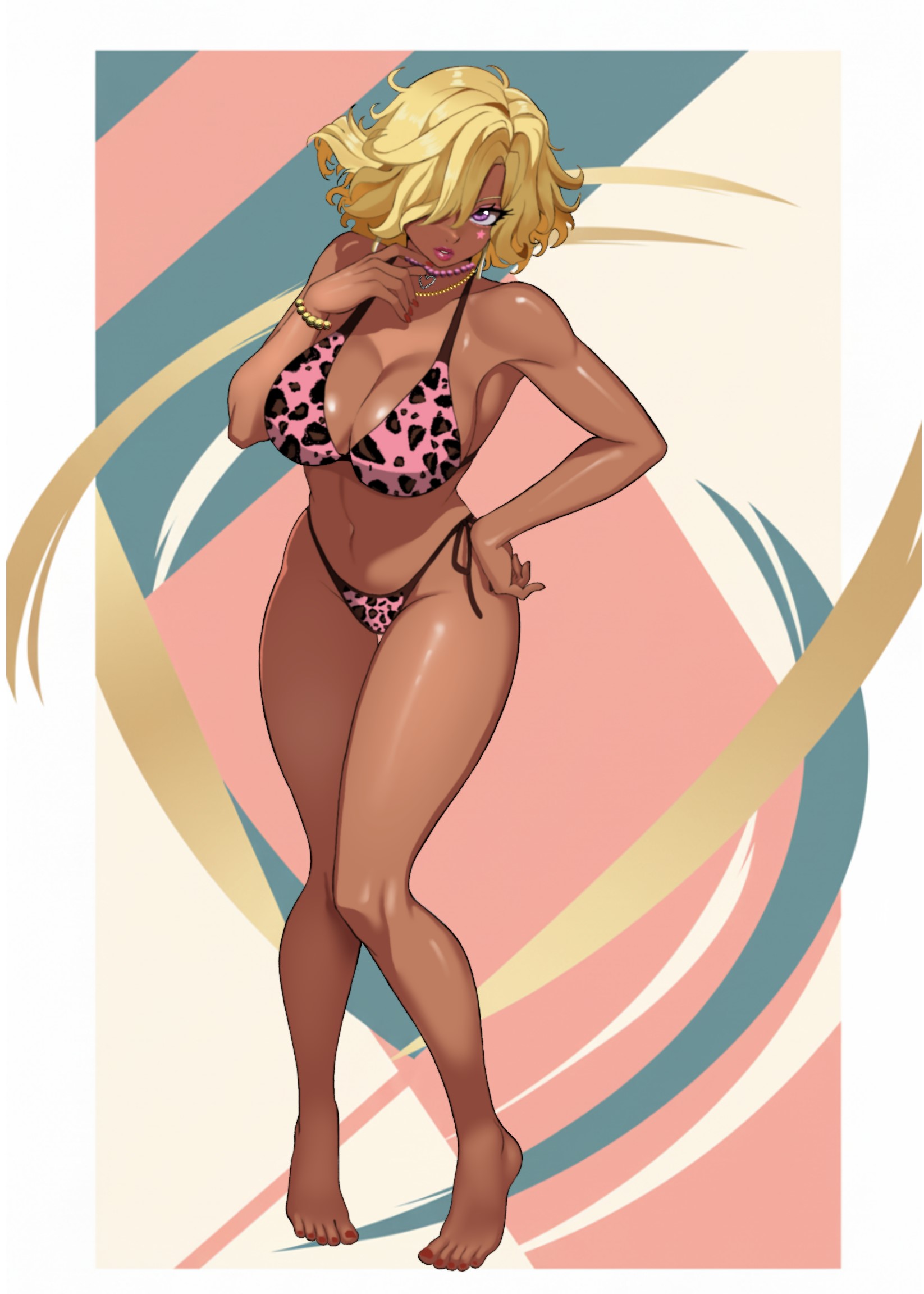 tsu.toxine, original, commentary request, highres, 1girl, animal print, bikini, blonde hair, blush, bracelet, breasts, dark-skinned female, dark skin, eyebrows hidden by hair, full body, groin, gyaru, hair between eyes, hair over one eye, hand on own hip, jewelry, knees together feet apart, large breasts, leopard print, leopard print bikini, looking at viewer, nail polish, necklace, open mouth, pearl bracelet, pearl necklace, print bikini, purple eyes, short hair, solo, swimsuit, toenail polish, toenails