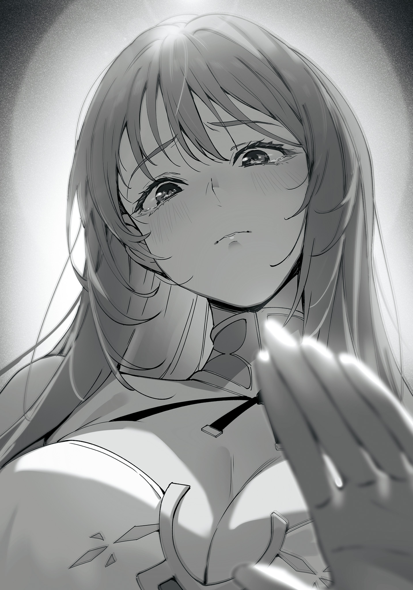 kakage, astraea (danmachi), astraea record, dungeon ni deai wo motomeru no wa machigatteiru darou ka, highres, novel illustration, official art, third-party source, 1girl, breasts, cleavage, greyscale, halterneck, large breasts, long hair, looking at viewer, monochrome, parted lips, solo, tearing up
