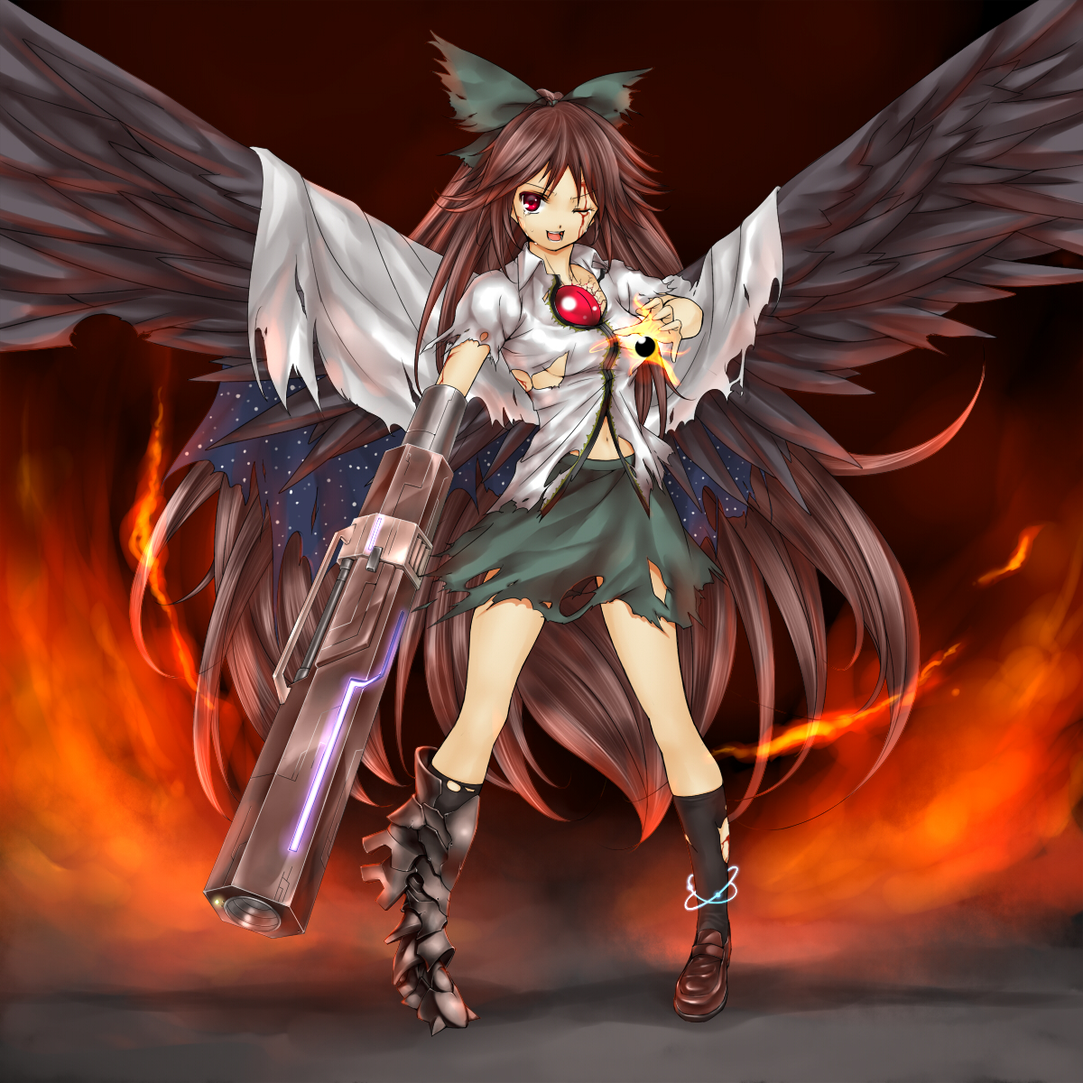 takemori shintarou, reiuji utsuho, touhou, bad id, bad pixiv id, highres, 1girl, alternate weapon, arm cannon, asymmetrical clothes, asymmetrical footwear, blood, brown hair, female focus, hair ribbon, long hair, midriff, mismatched footwear, navel, one eye closed, red eyes, ribbon, solo, tears, torn clothes, very long hair, weapon, wings, wink