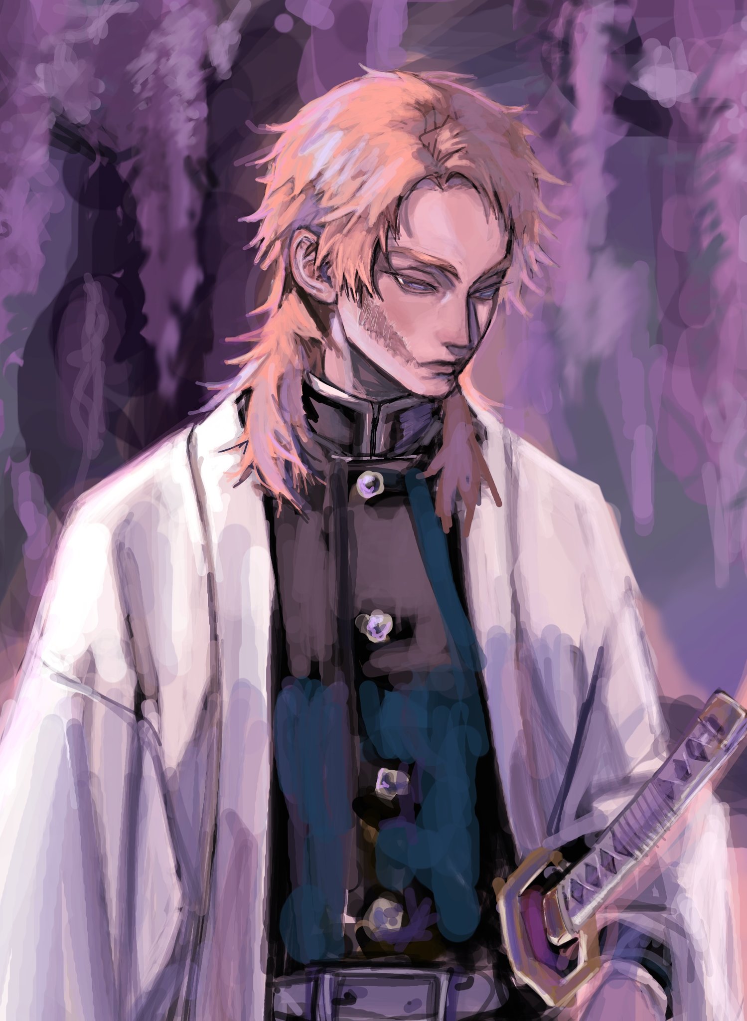sabito (kimetsu), kimetsu no yaiba, highres, 1boy, belt, black jacket, buttons, closed mouth, demon slayer uniform, facial scar, flower, gago n, haori, jacket, japanese clothes, katana, long hair, male focus, mullet, orange hair, parted bangs, scar, scar on cheek, scar on face, solo, sword, upper body, weapon, white belt, white haori, wisteria